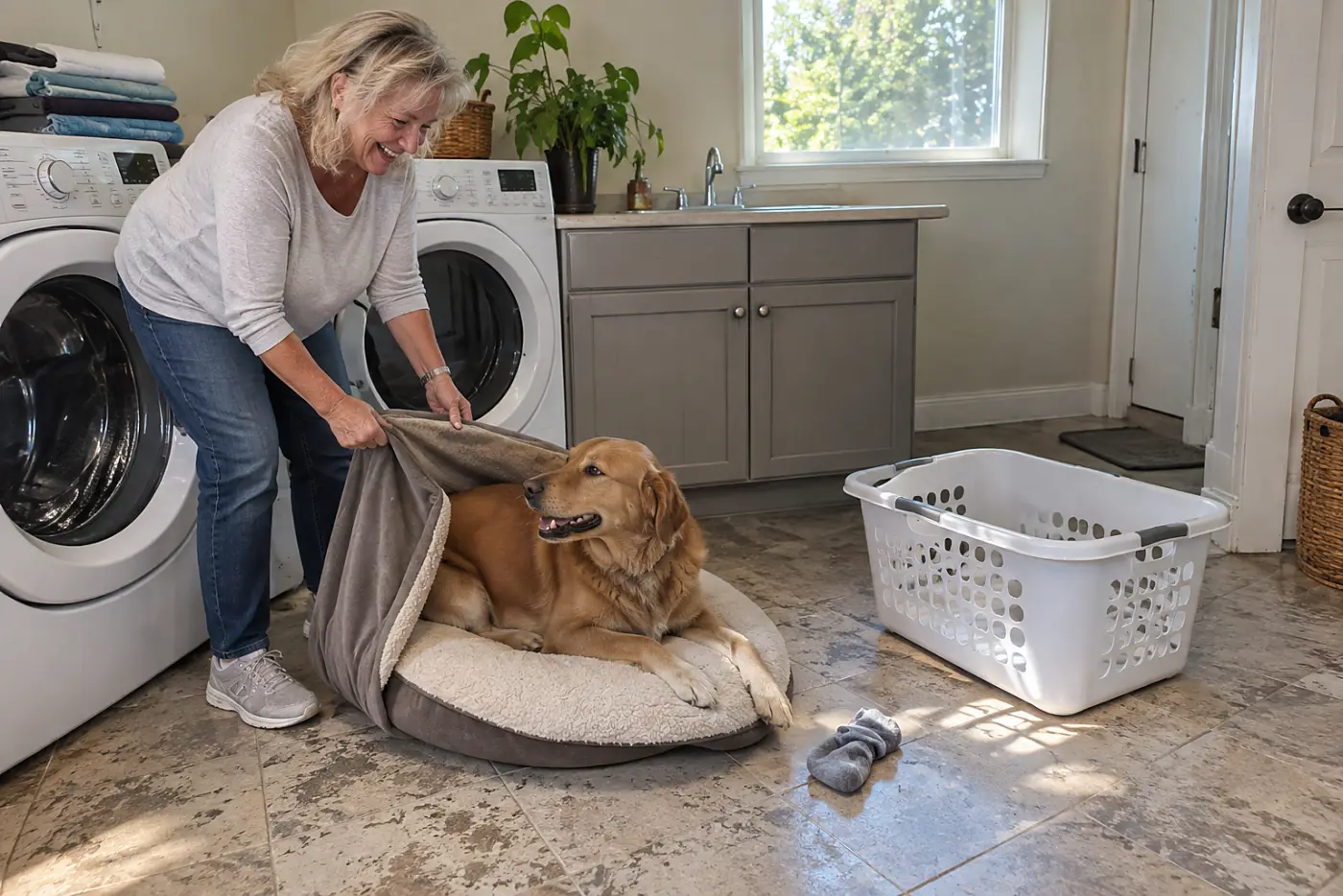 Older woman removing a cover from a pet bed on a laundry-room floor.