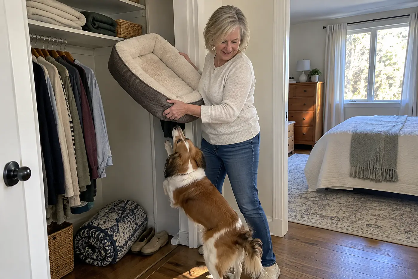 Older woman lifting a pet bed onto a closet shelf.