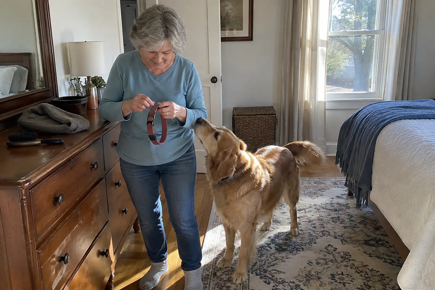 Older woman testing a collar buckle beside a bedroom dresser.