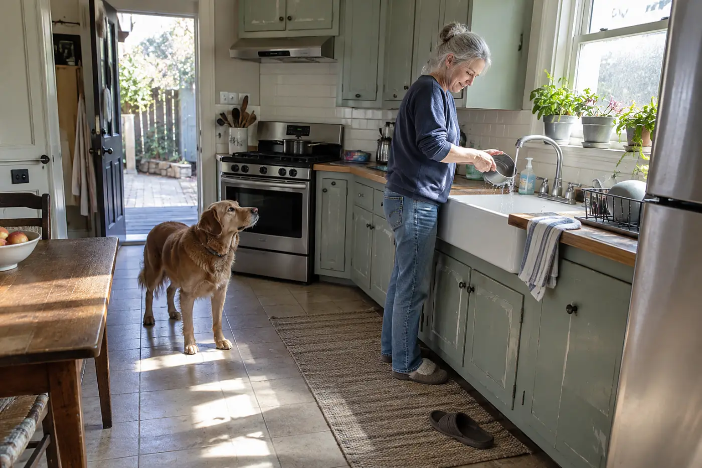 Older woman washing a pet dish at a kitchen sink.