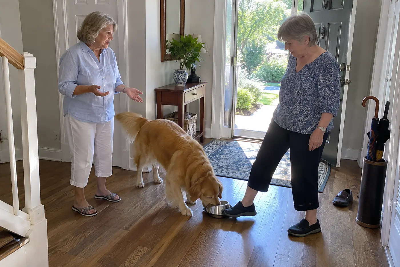 Older woman speaking to her sister beside a pet dish in a front hallway.
