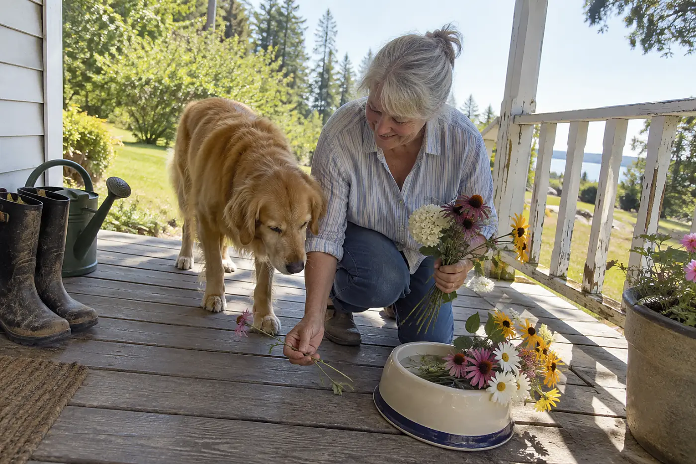 Older woman placing cut flowers in a pet dish on her porch.