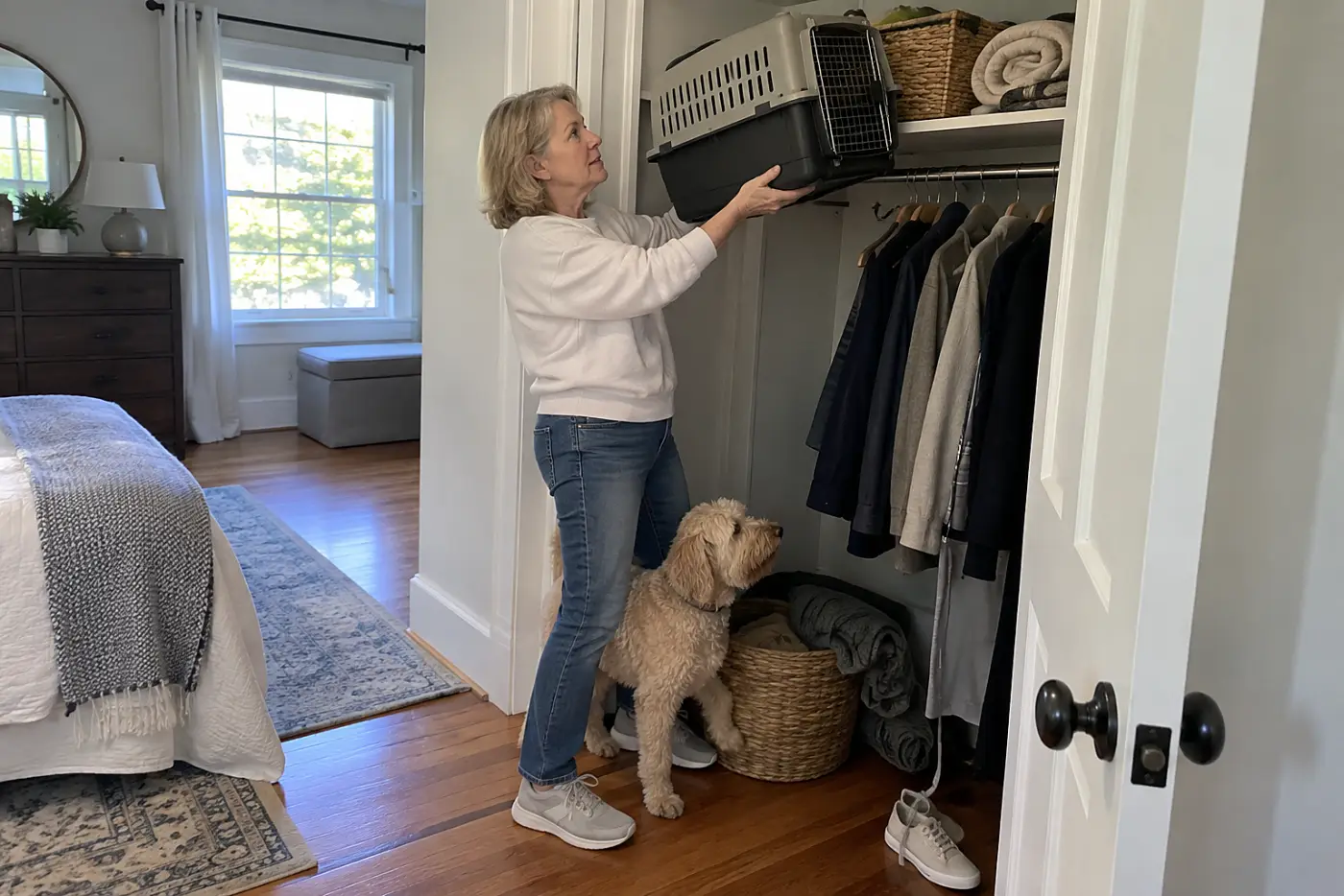 Older woman lifting an empty pet carrier onto a closet shelf.