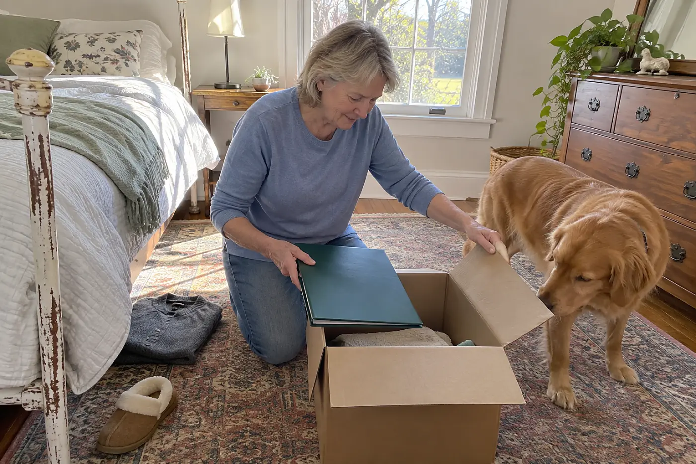 Older woman placing veterinary records in a box on a bedroom floor.