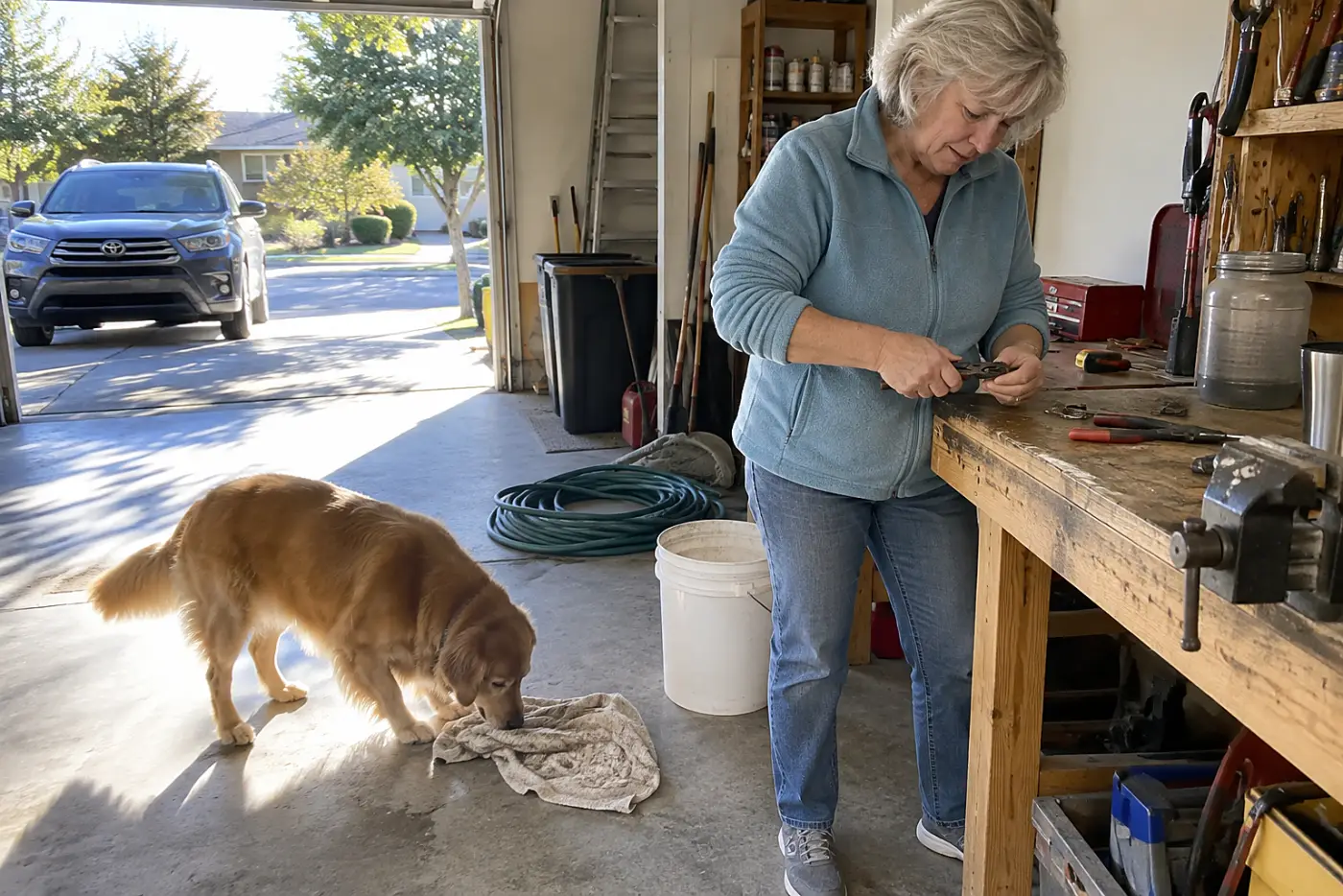 Older woman opening a metal tag ring with pliers at a garage workbench.