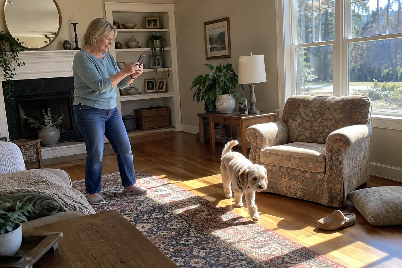 Older woman photographing a sunny patch on the floor behind a living-room chair.