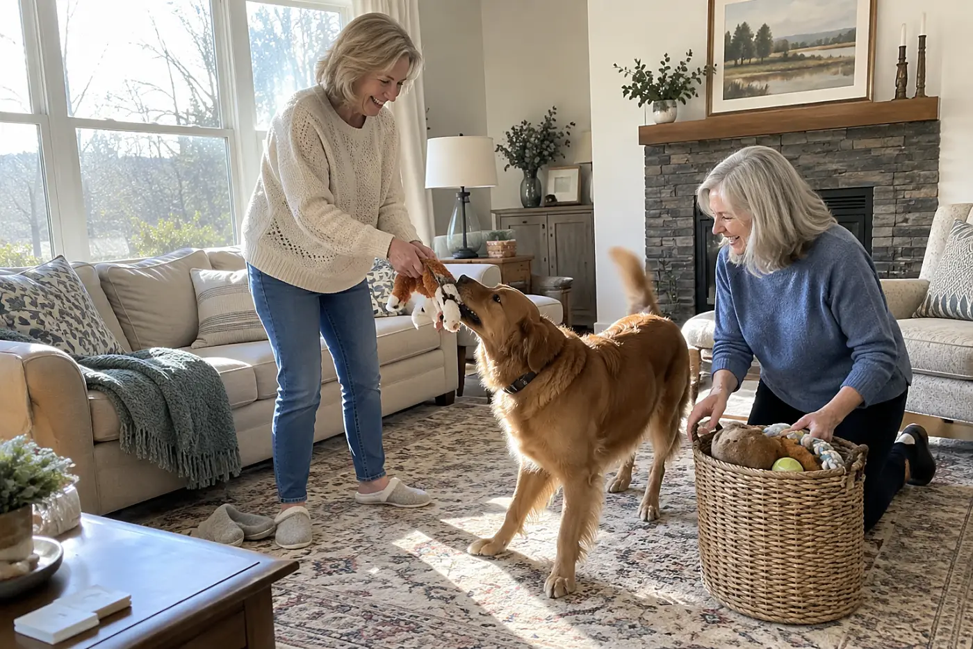 Older woman offering a dog toy to her sister beside a basket in the living room.