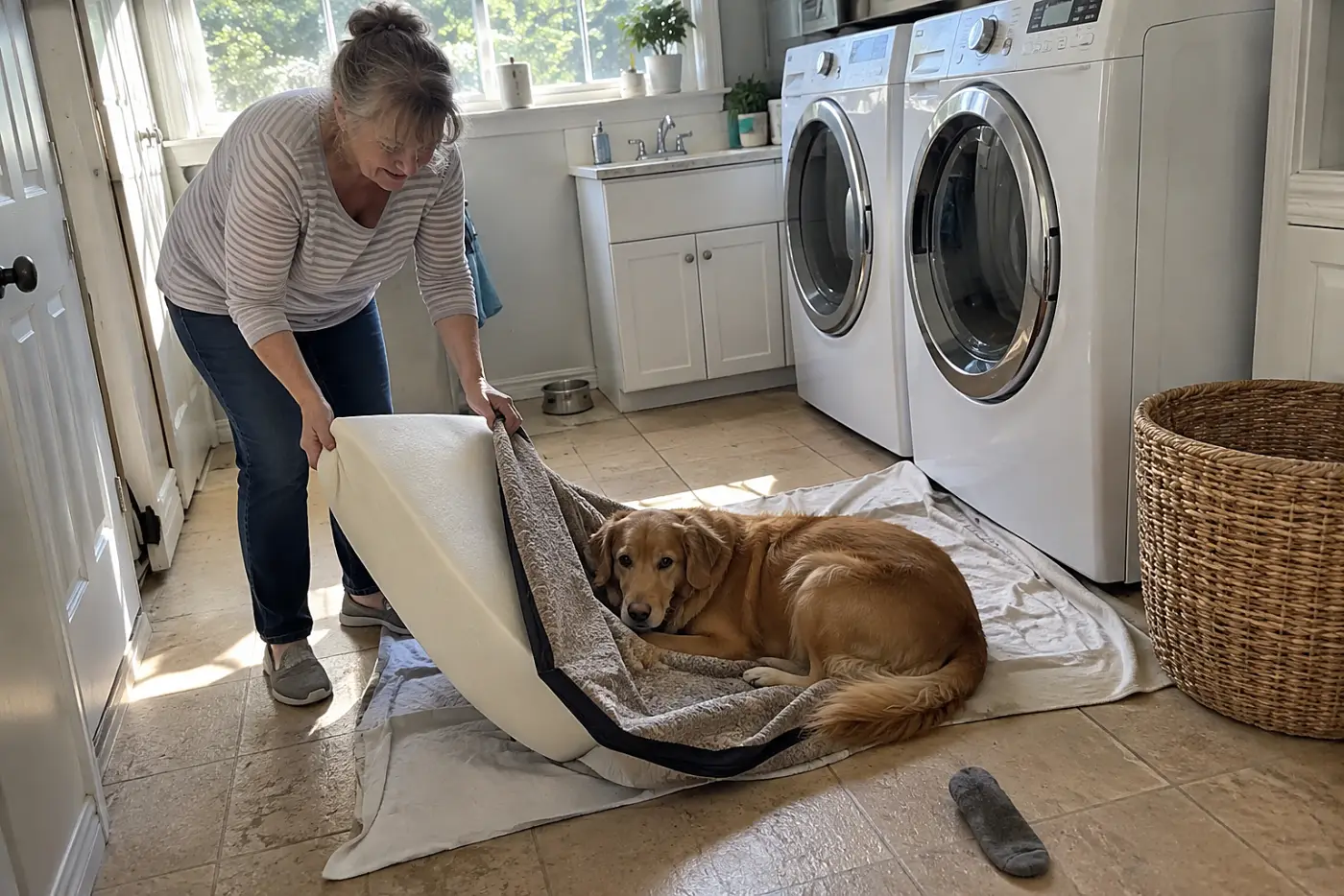 Older woman separating a foam insert from a pet bed cover on a laundry-room sheet.