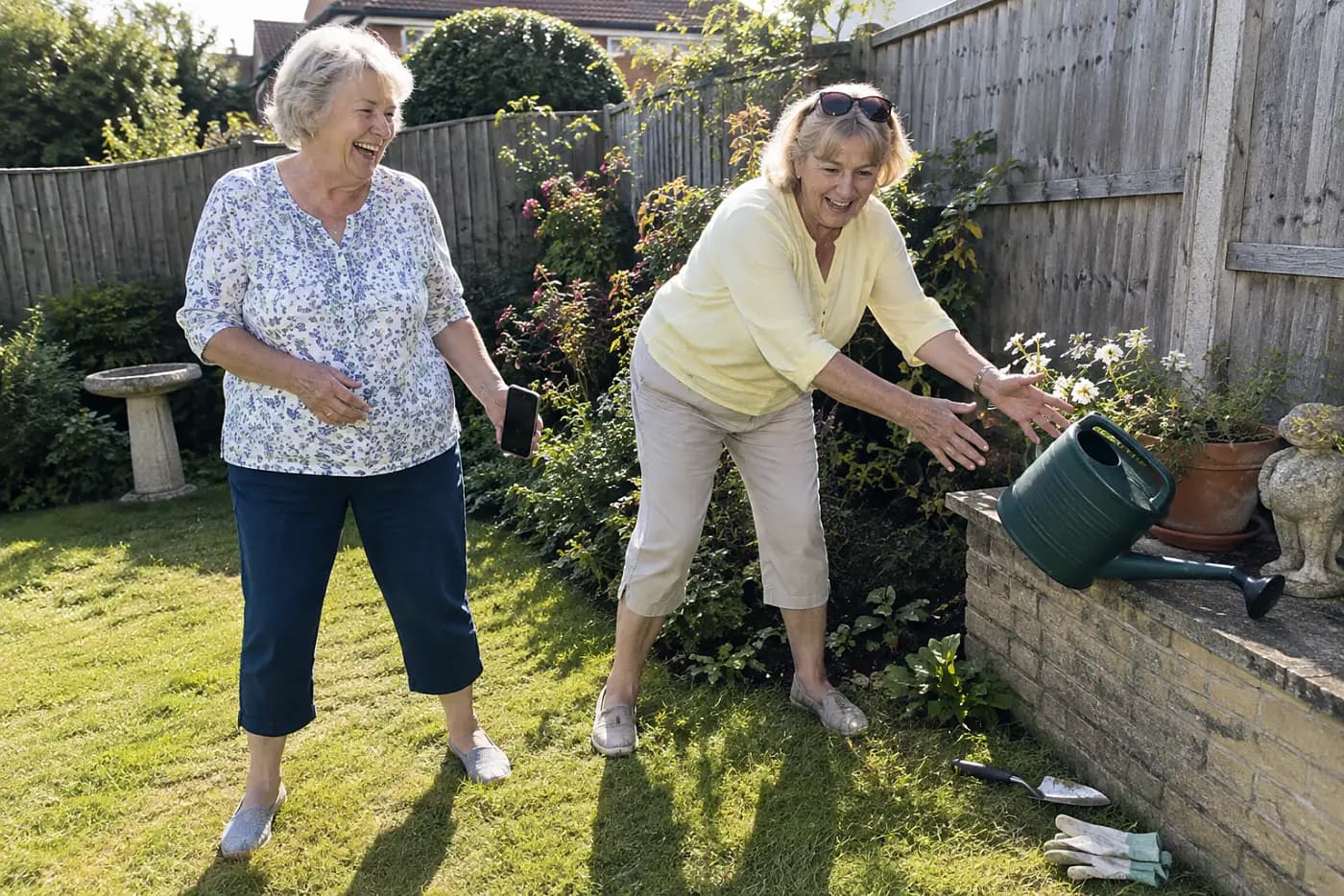Older woman showing a friend a dog photo on her phone beside a garden fence.
