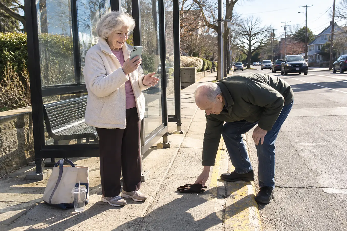 Older woman looking at a dog photo on her phone while standing by a bus stop.