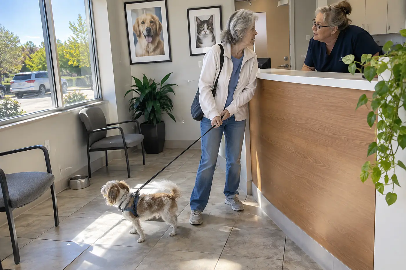 Older woman asking a receptionist a question at a veterinary clinic counter.