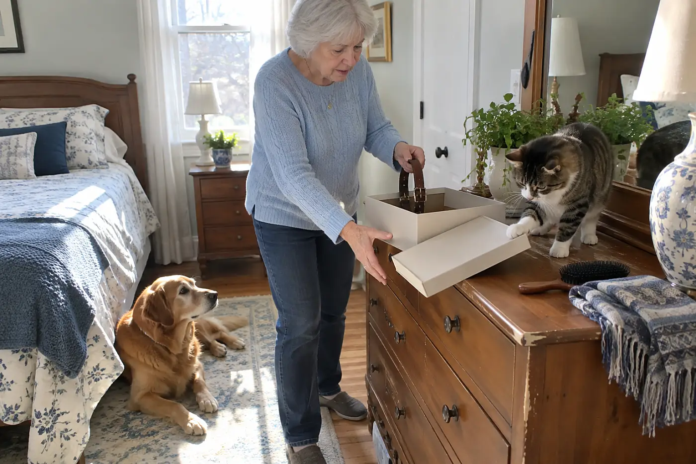 Older woman placing a dog collar in a shoebox on her bedroom dresser.