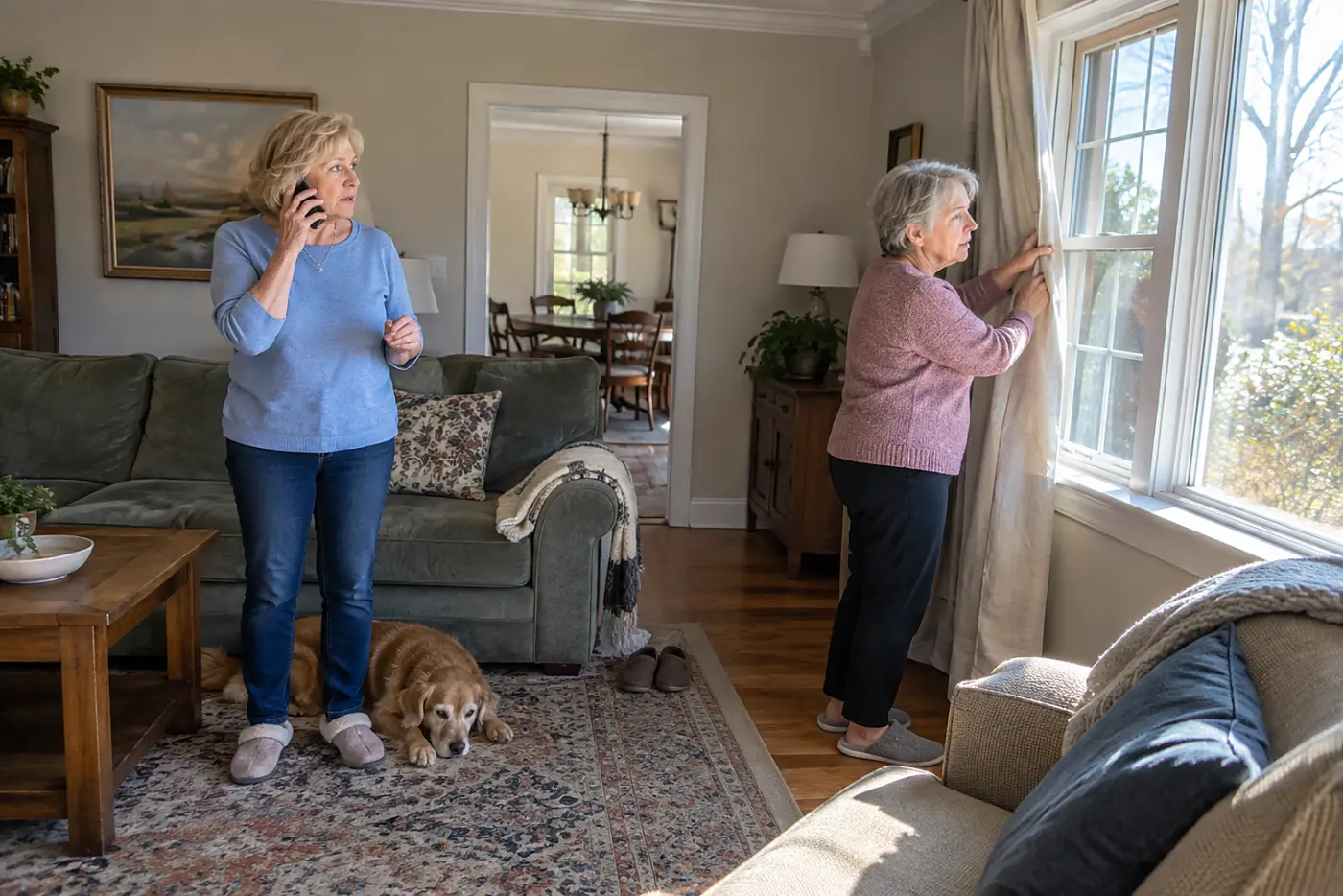 Older woman talking on the phone beside her living room window.