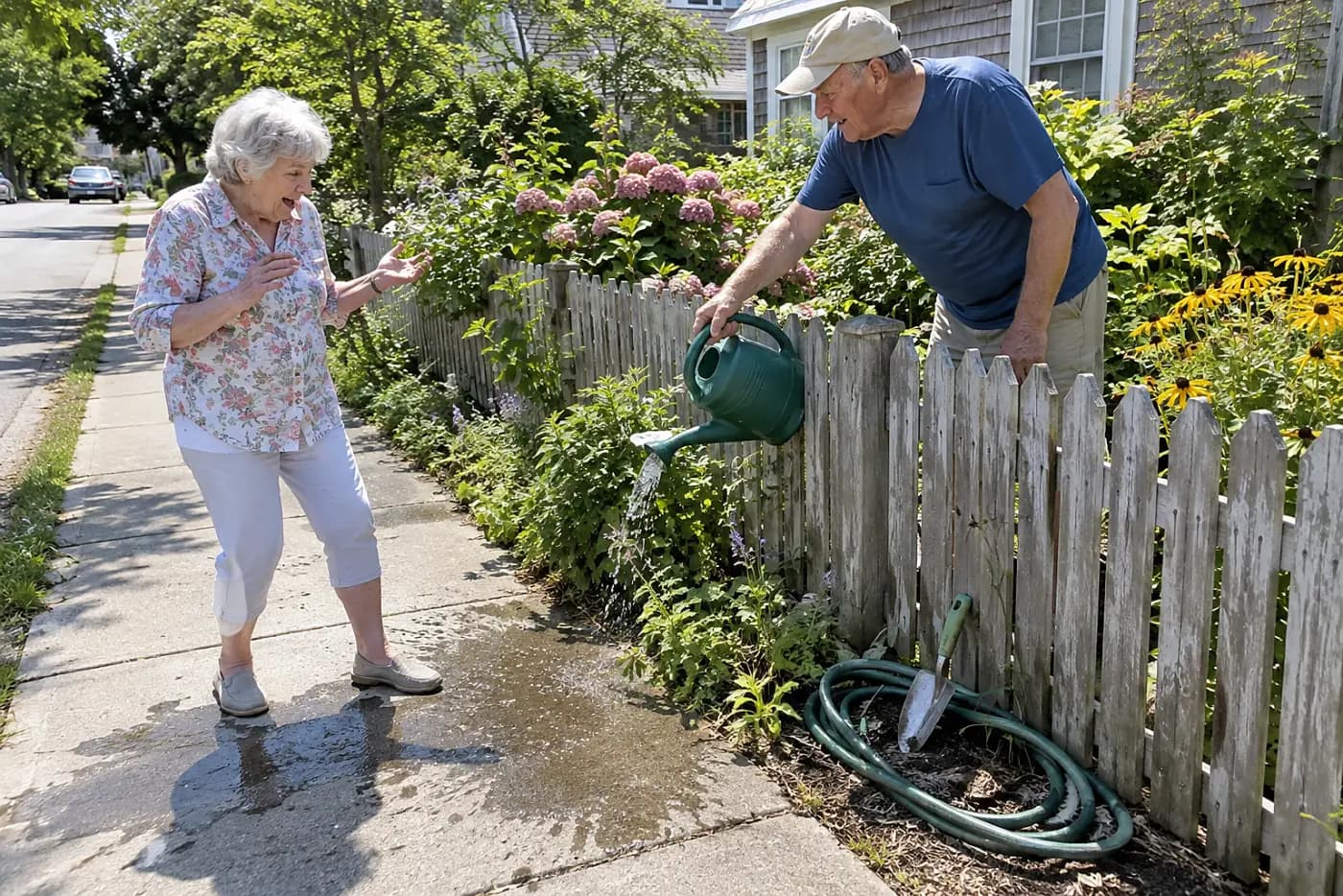 Older woman speaking to a neighbor beside a sidewalk garden.