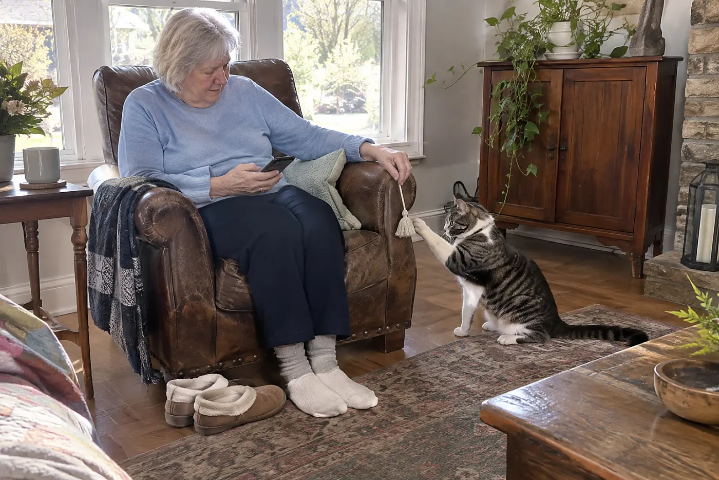 Older woman clearing a reminder from her phone while sitting in an armchair.