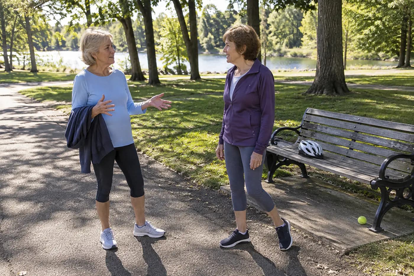 Older woman speaking with a friend beside a park path.