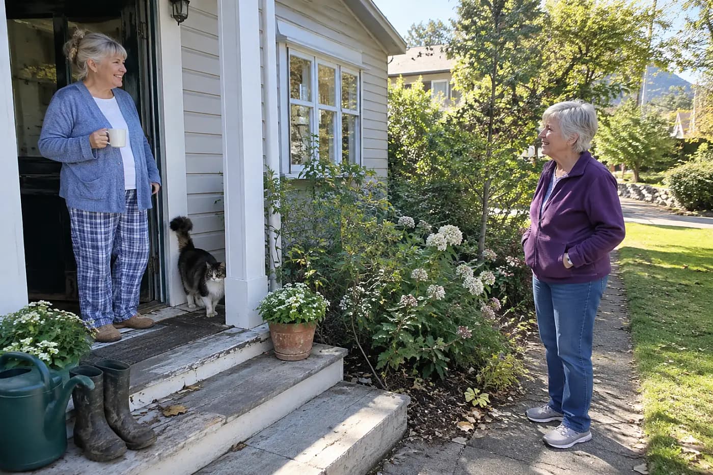 Older woman stepping onto her front porch with a mug in her hand.