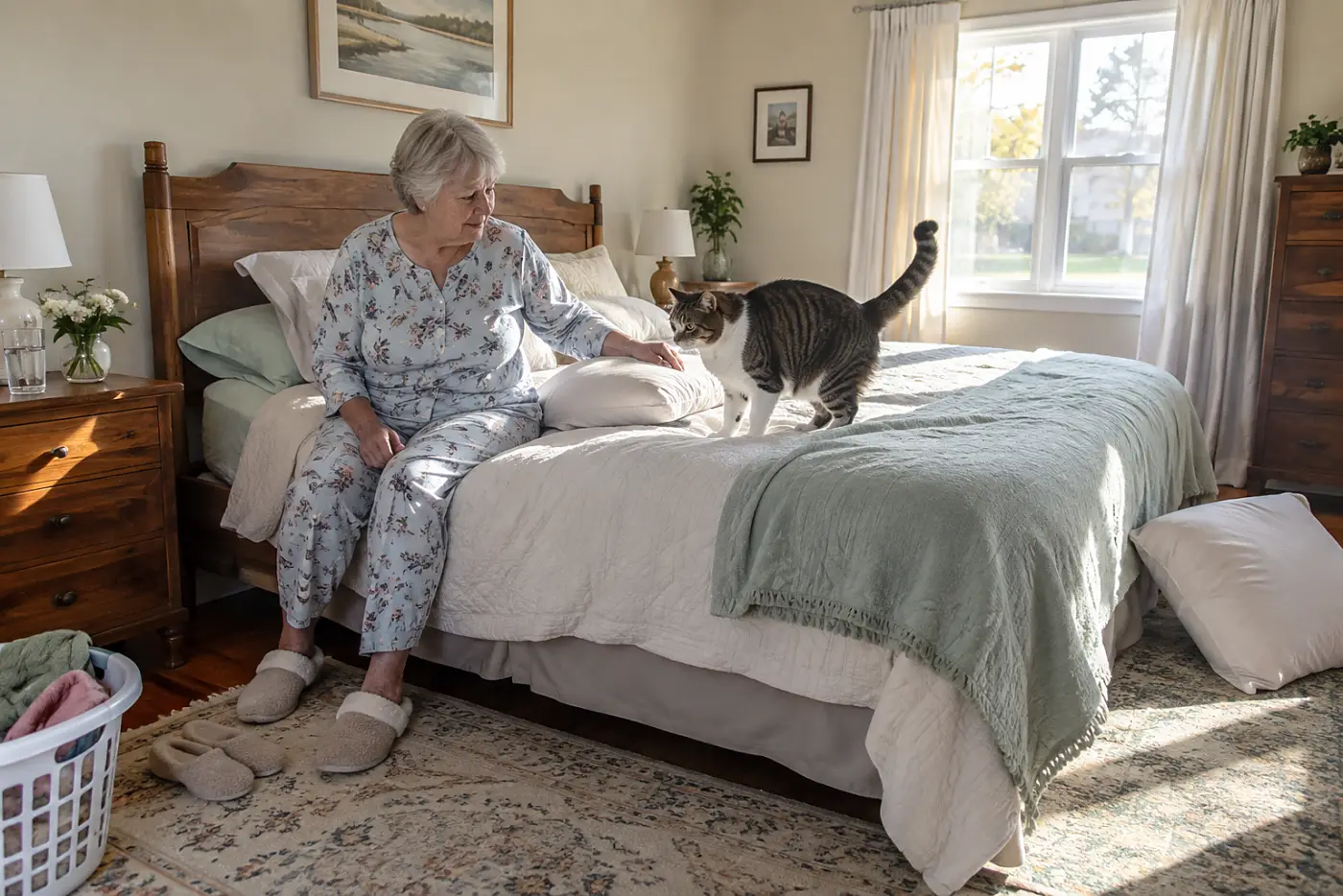 Older woman placing a pillow beside her on a bedroom mattress.