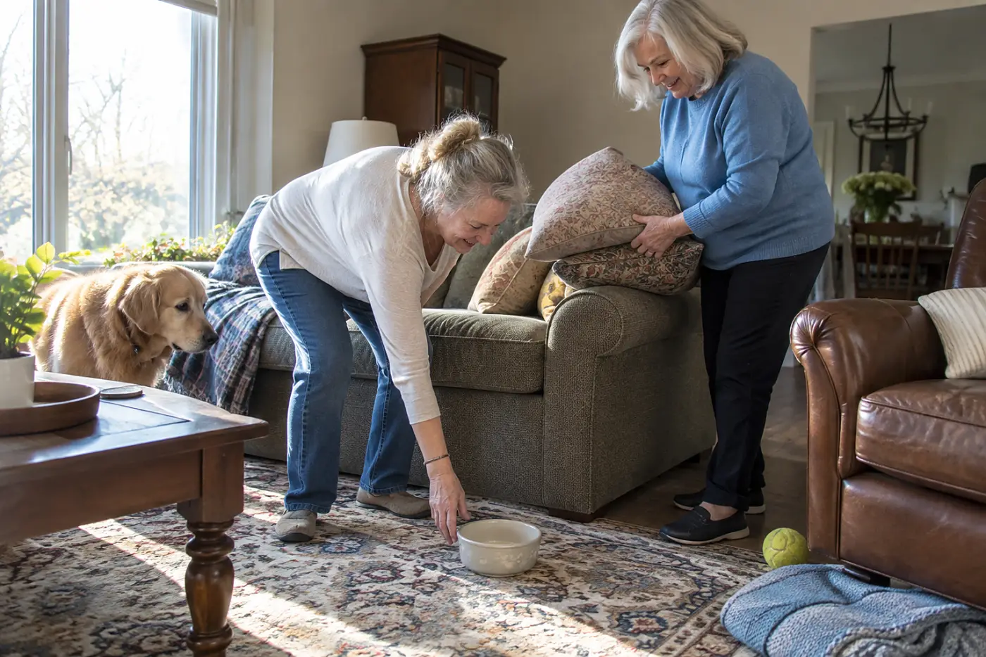 Older woman picking up an empty water bowl from her living room floor.