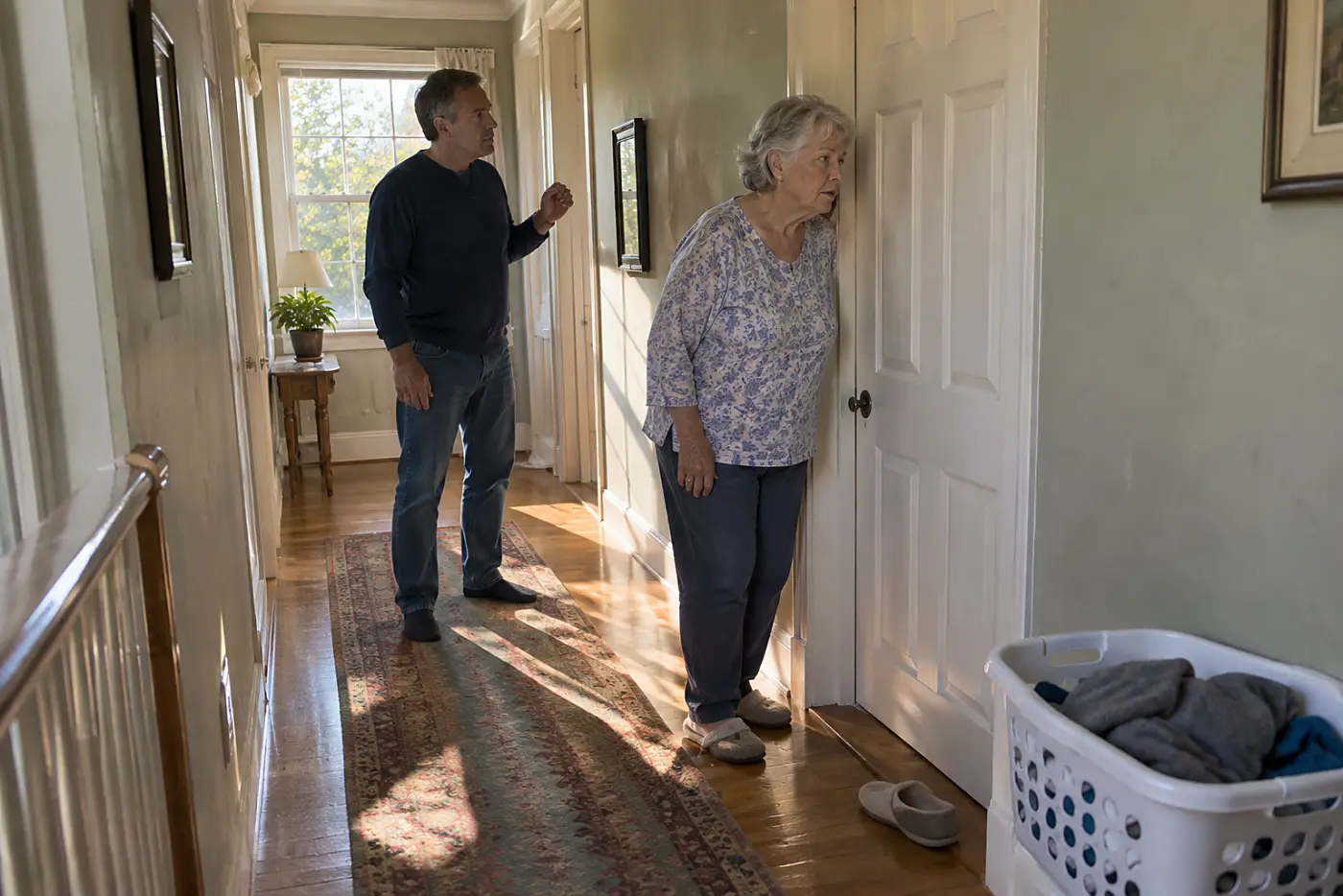 Older woman pausing in a hallway and looking toward a closed bedroom door.