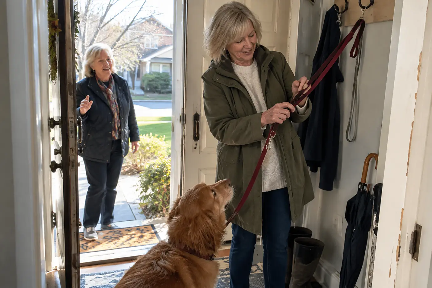 Older woman lifting a dog leash from a hook beside her front door.