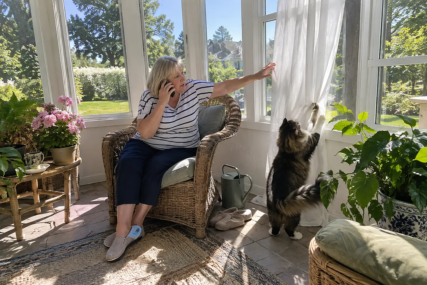 Older woman making a phone call from a chair in her sunroom.