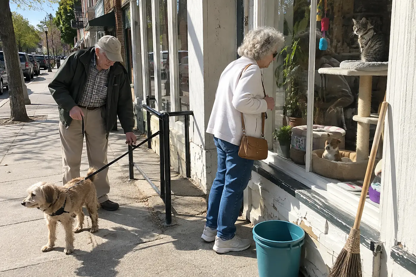 Older woman looking through a pet store window while standing on the sidewalk.