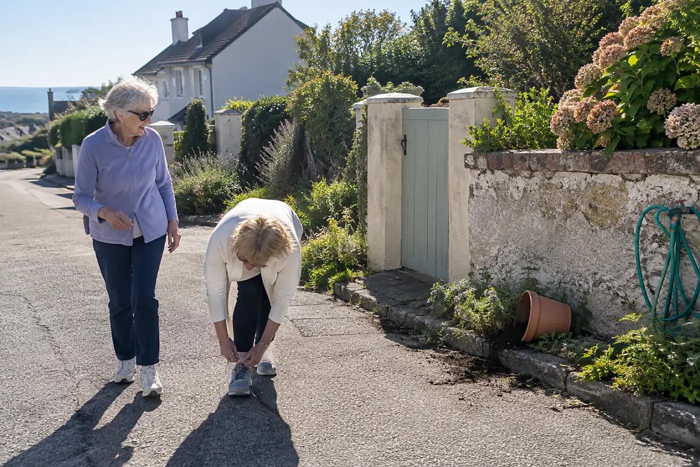 Older woman taking a short walk with a friend along a residential street.