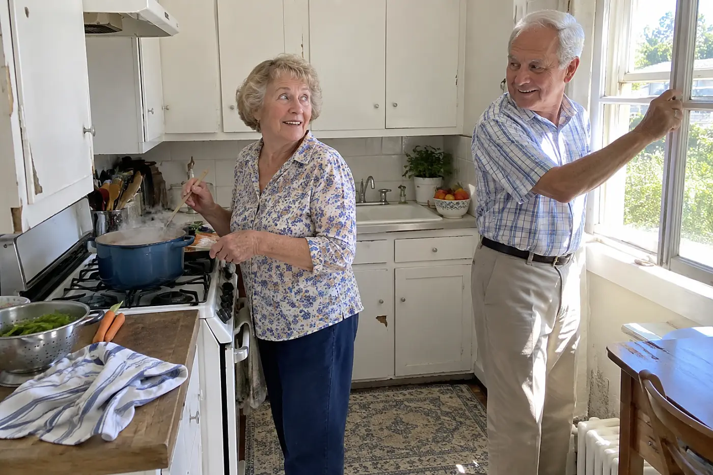 Older woman heating a bowl of soup at her kitchen stove.