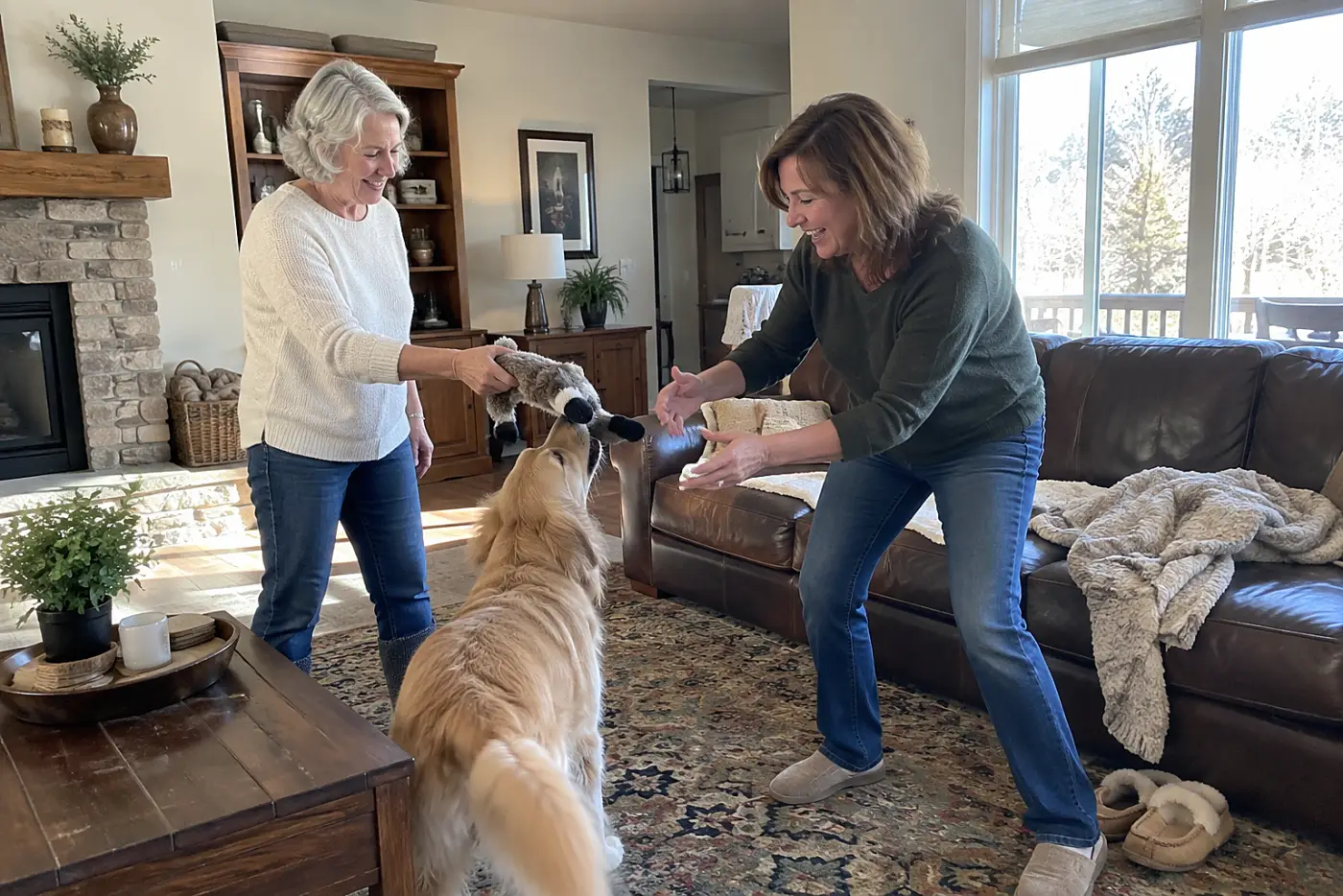 Older woman handing a pet toy to her adult daughter in a living room.