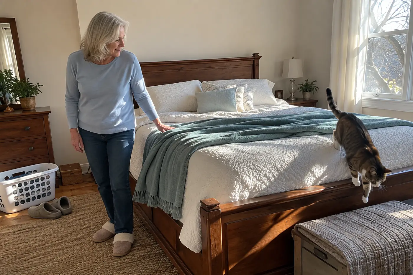 An older woman presses her hand into the foot of her bed in daylight.