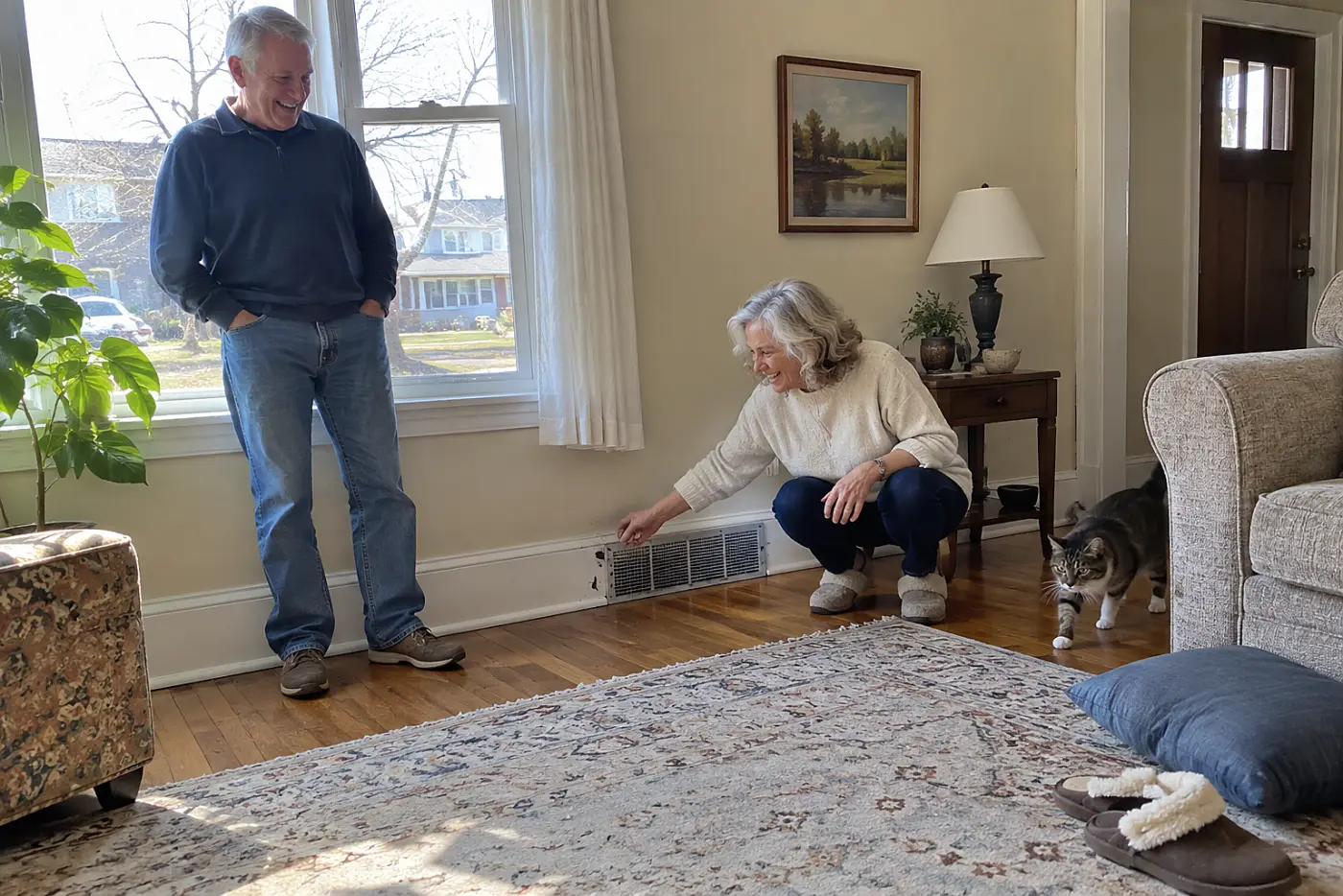 An older woman crouches beside a heater vent in her living room.