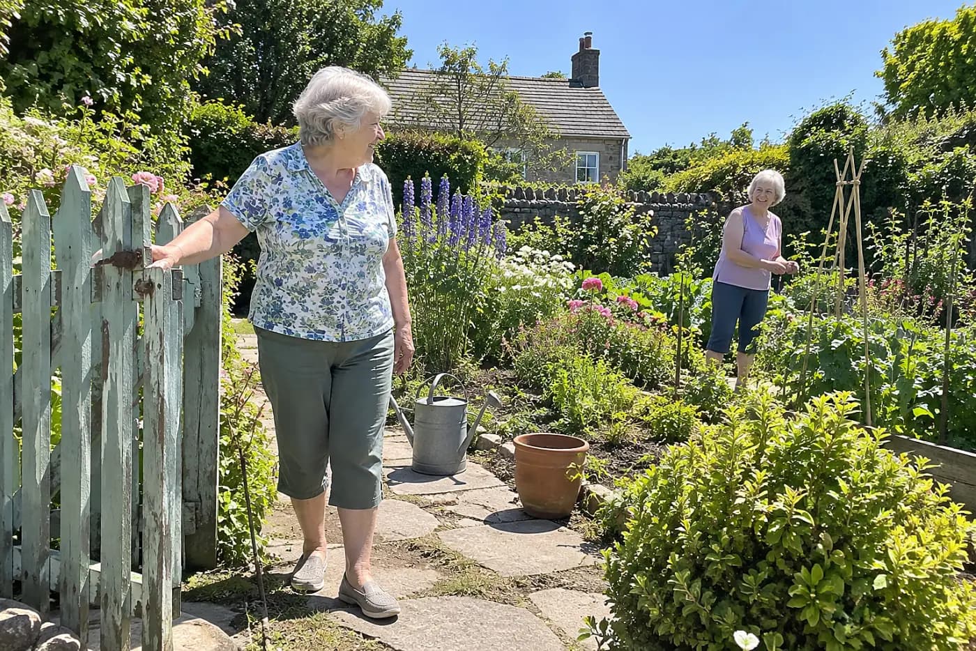 An older woman touches a latch on her garden gate before entering the yard.