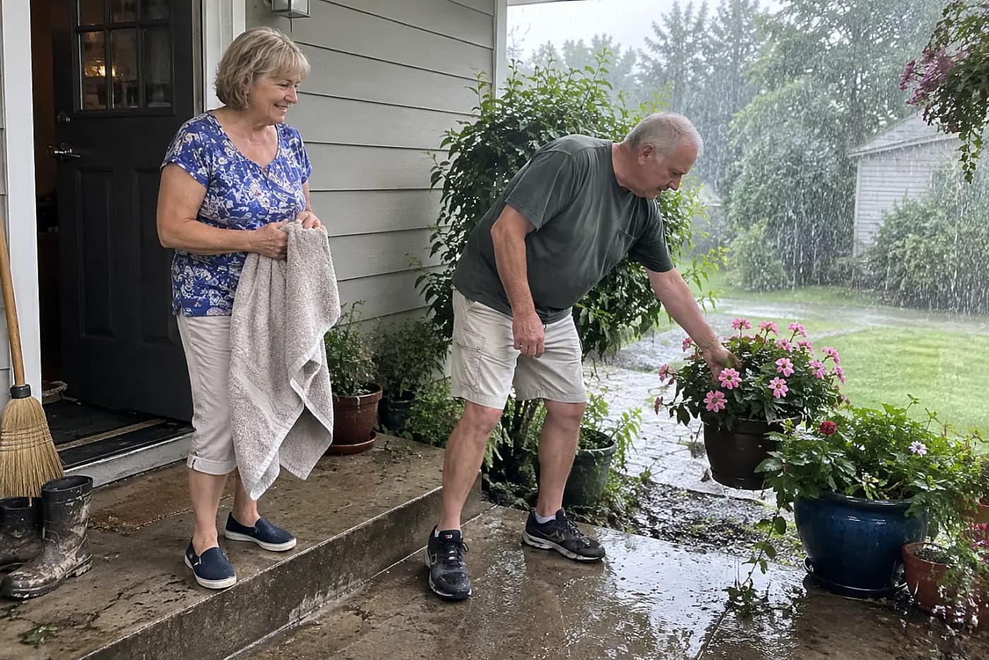 An older woman holds a towel by her back steps while rain falls beyond the eave.