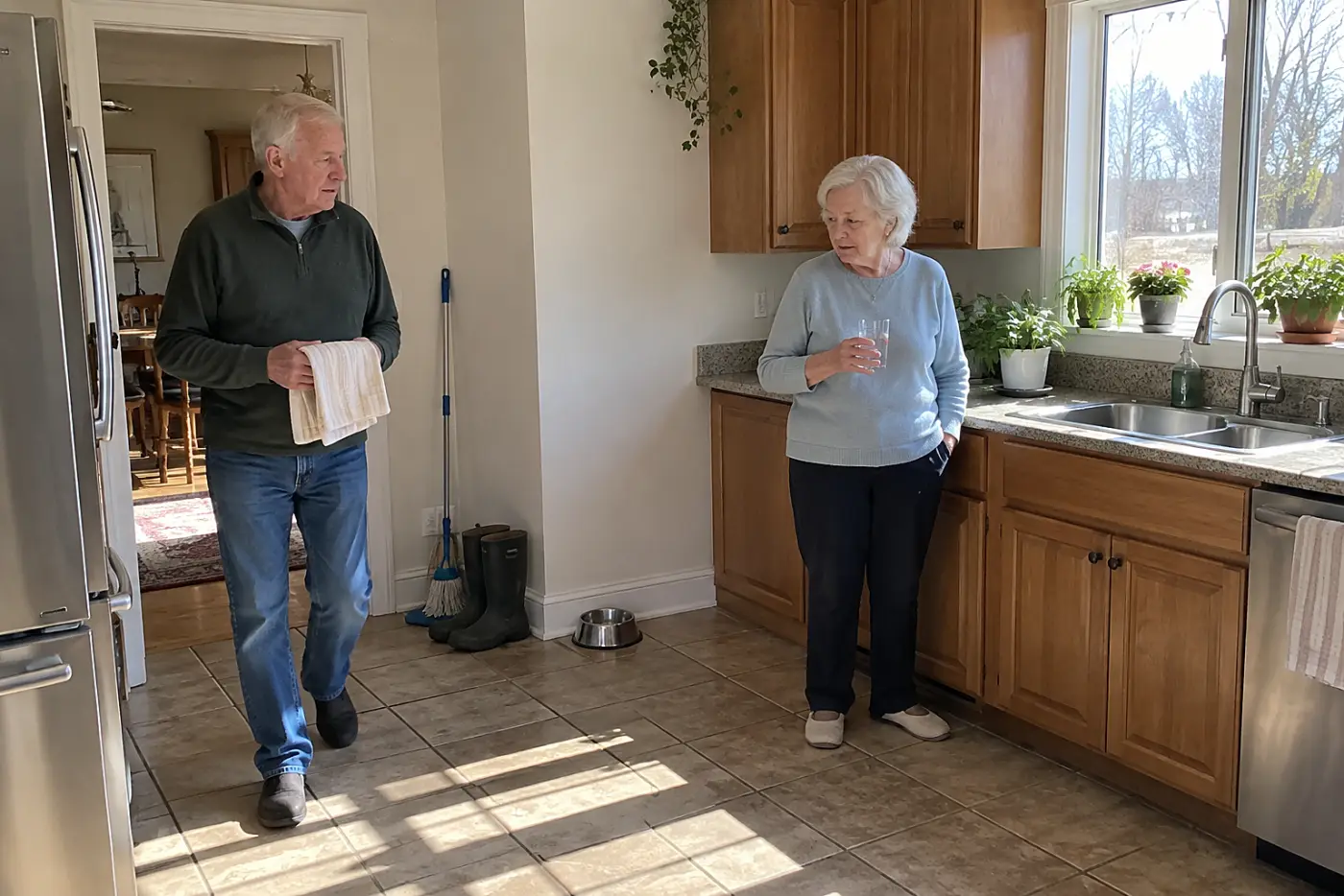 An older woman stands beside an empty corner of her kitchen, holding a drinking glass.