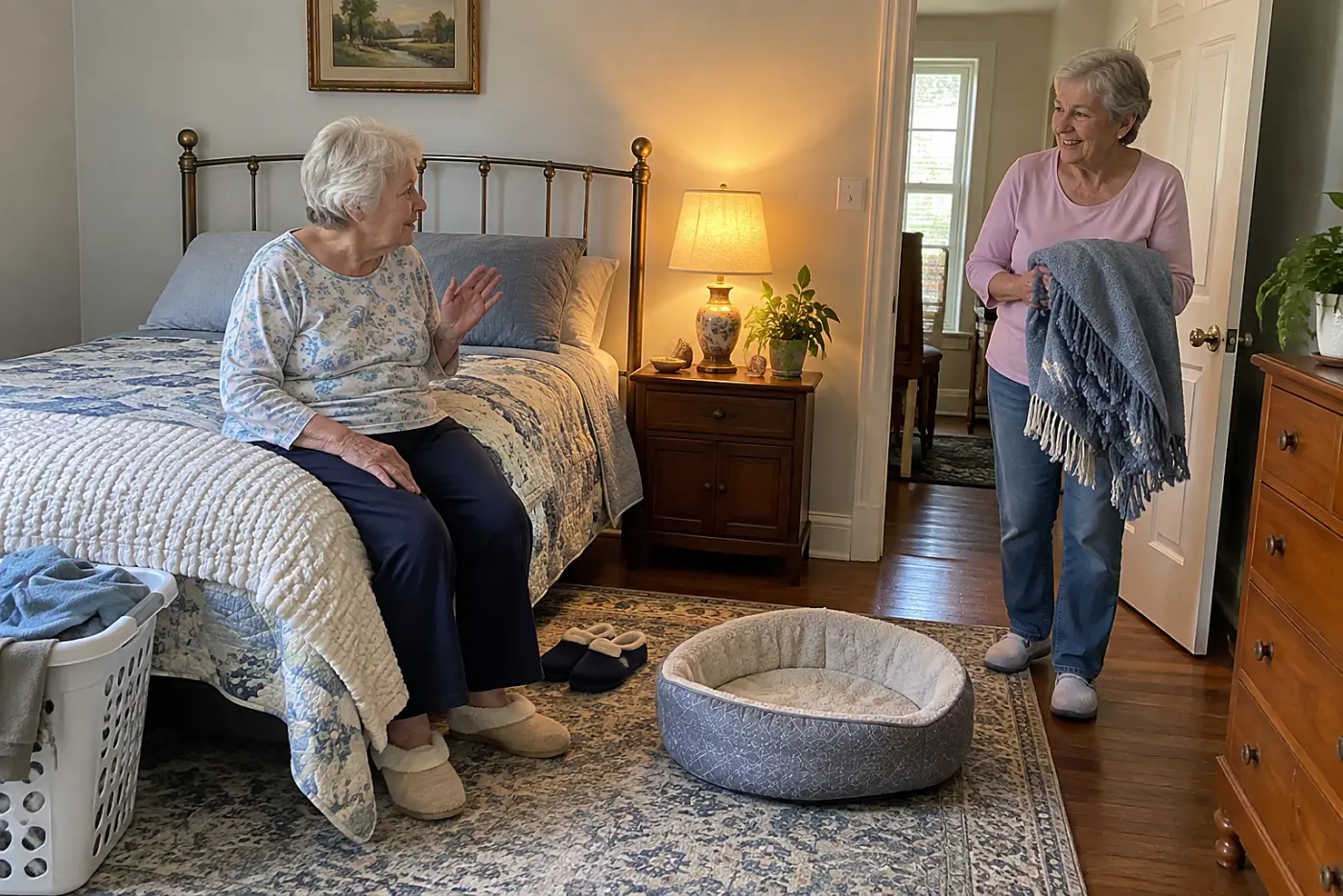 An older woman sits on her bed beside a lit lamp, looking toward an empty pet bed.