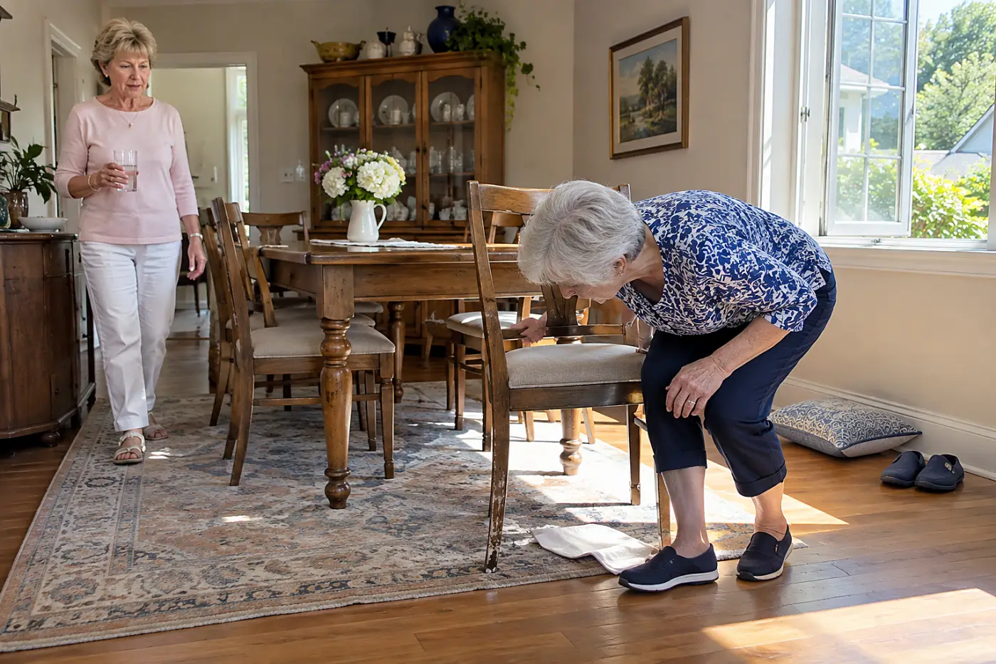 An older woman looks beneath a chair at a napkin shifting on the dining room floor.