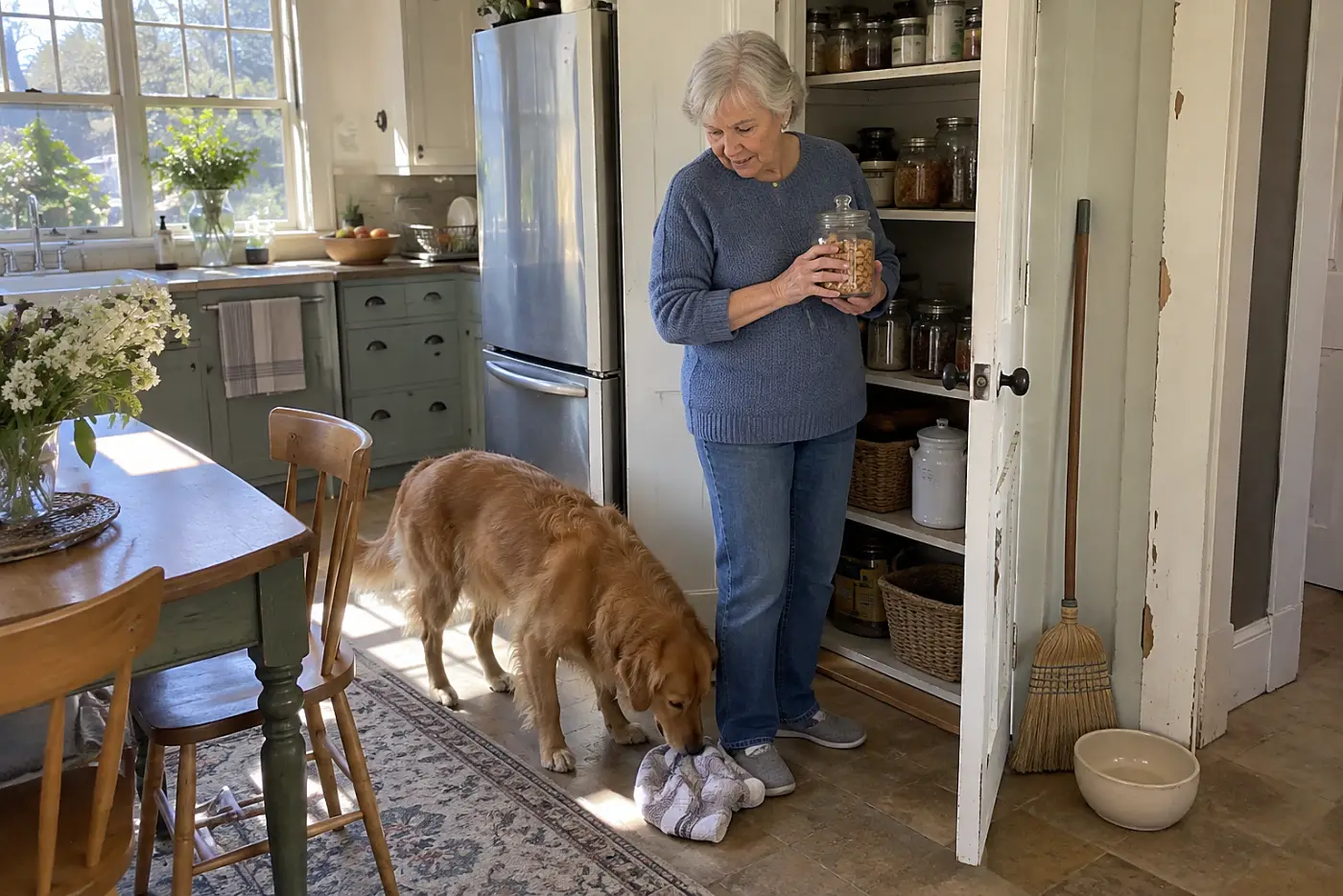 An older woman holds an unopened treat jar at a pantry shelf.