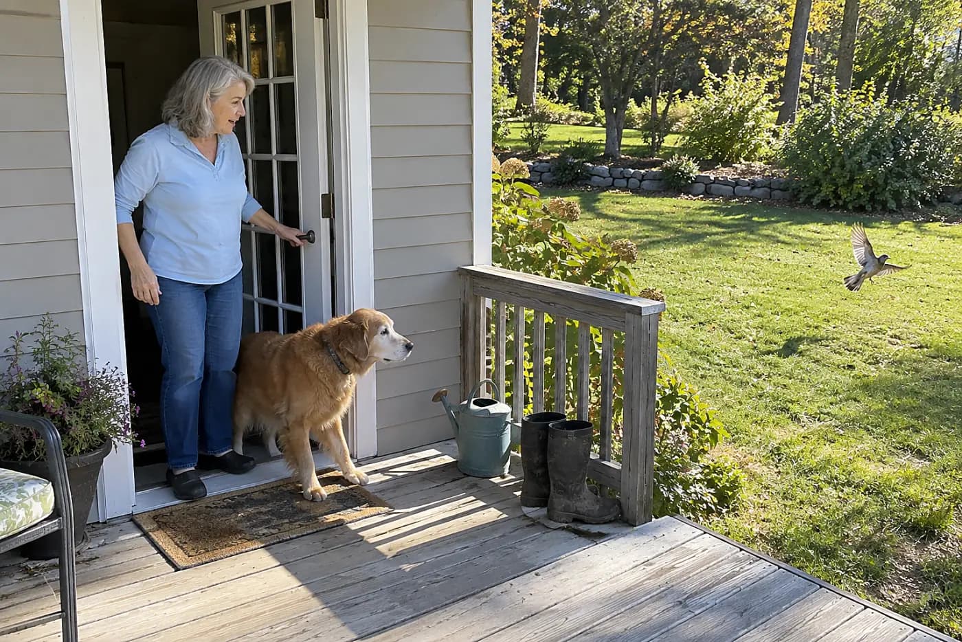 An older woman stands on her back porch with the door open toward the yard.