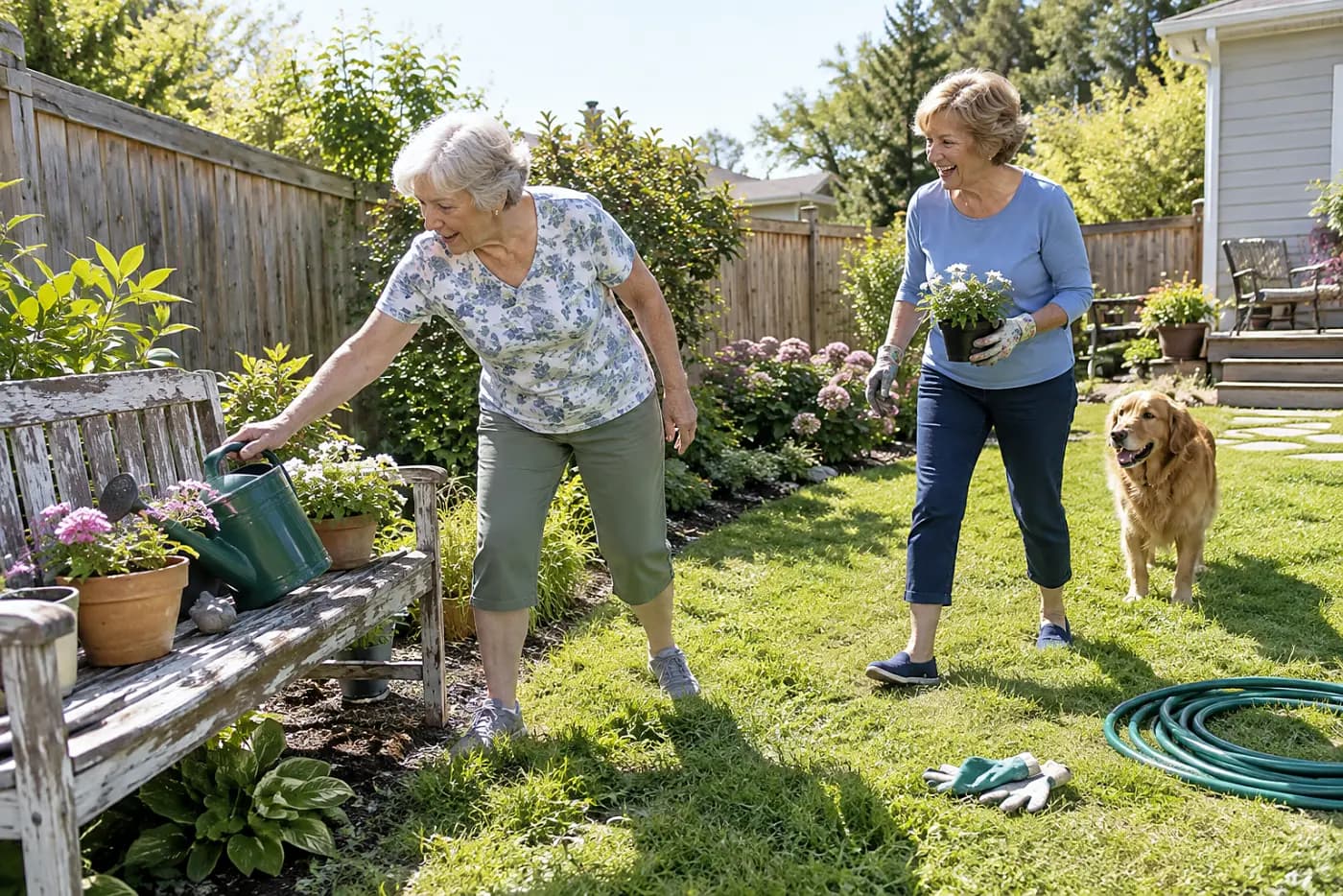 An older woman speaks with a friend while standing in her backyard.