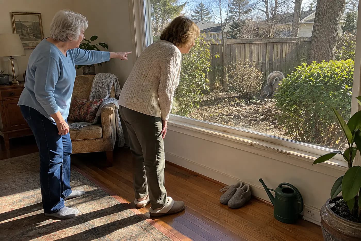 An older woman looks through a window at a squirrel running along her backyard fence.