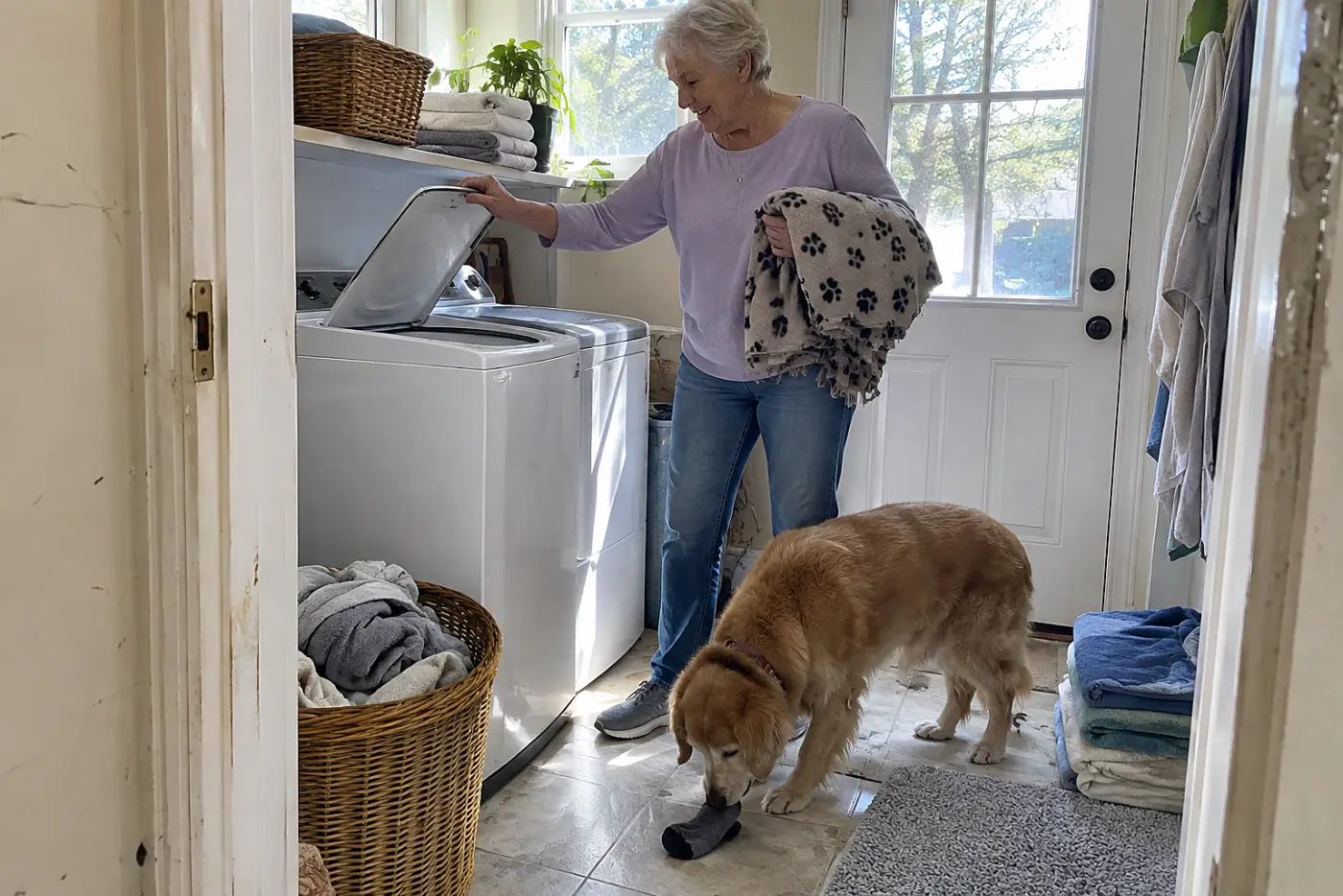 An older woman holds a folded pet blanket beside a washing machine in the laundry room.