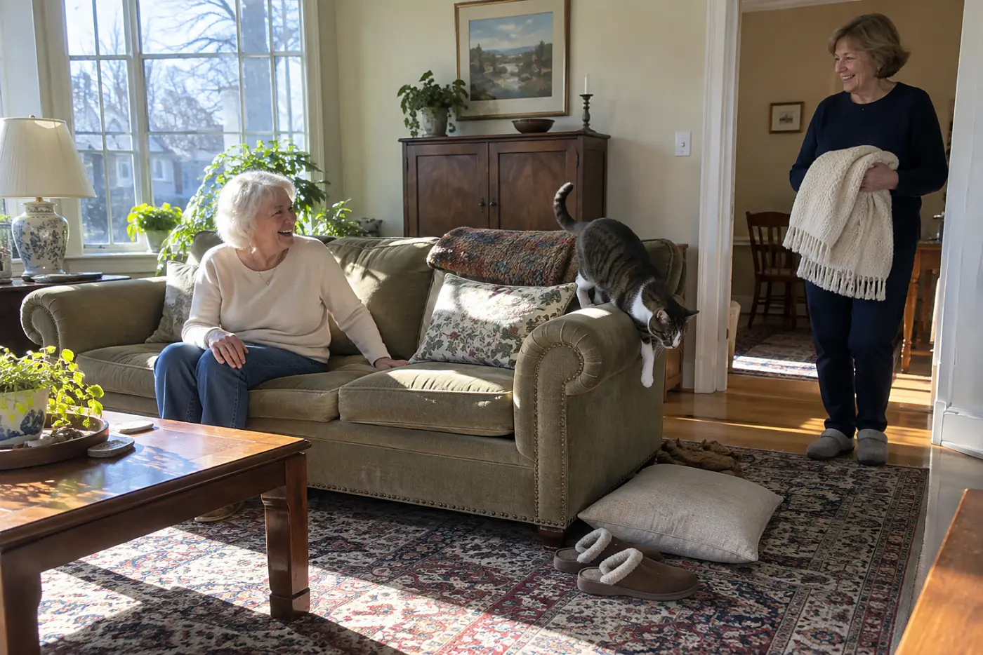 An older woman rests her palm on a sunlit sofa cushion in her living room.