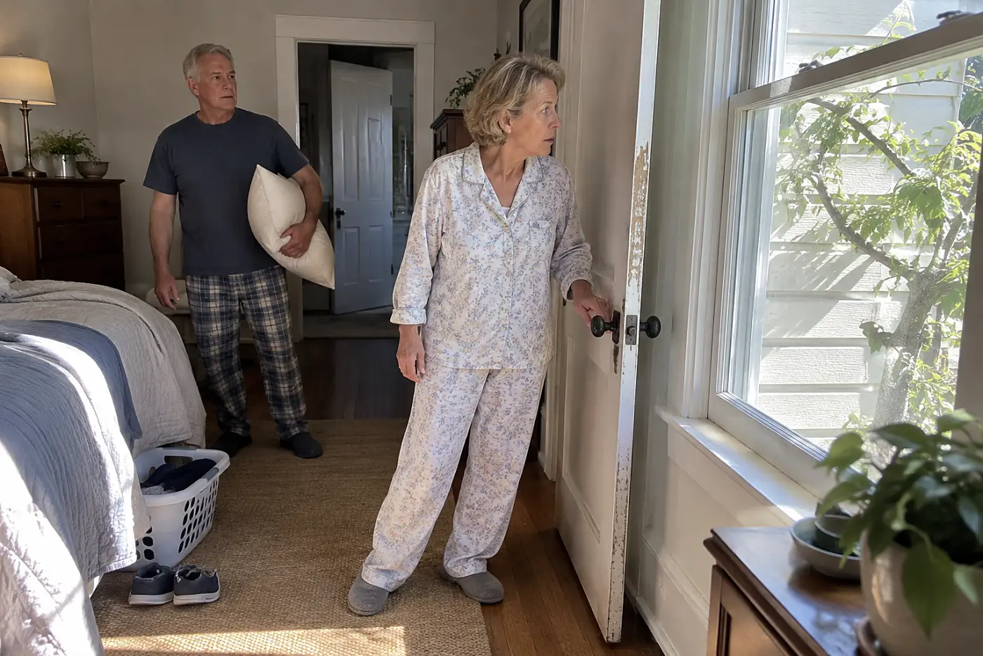 An older woman opens her bedroom door and looks toward a branch touching the siding outside.
