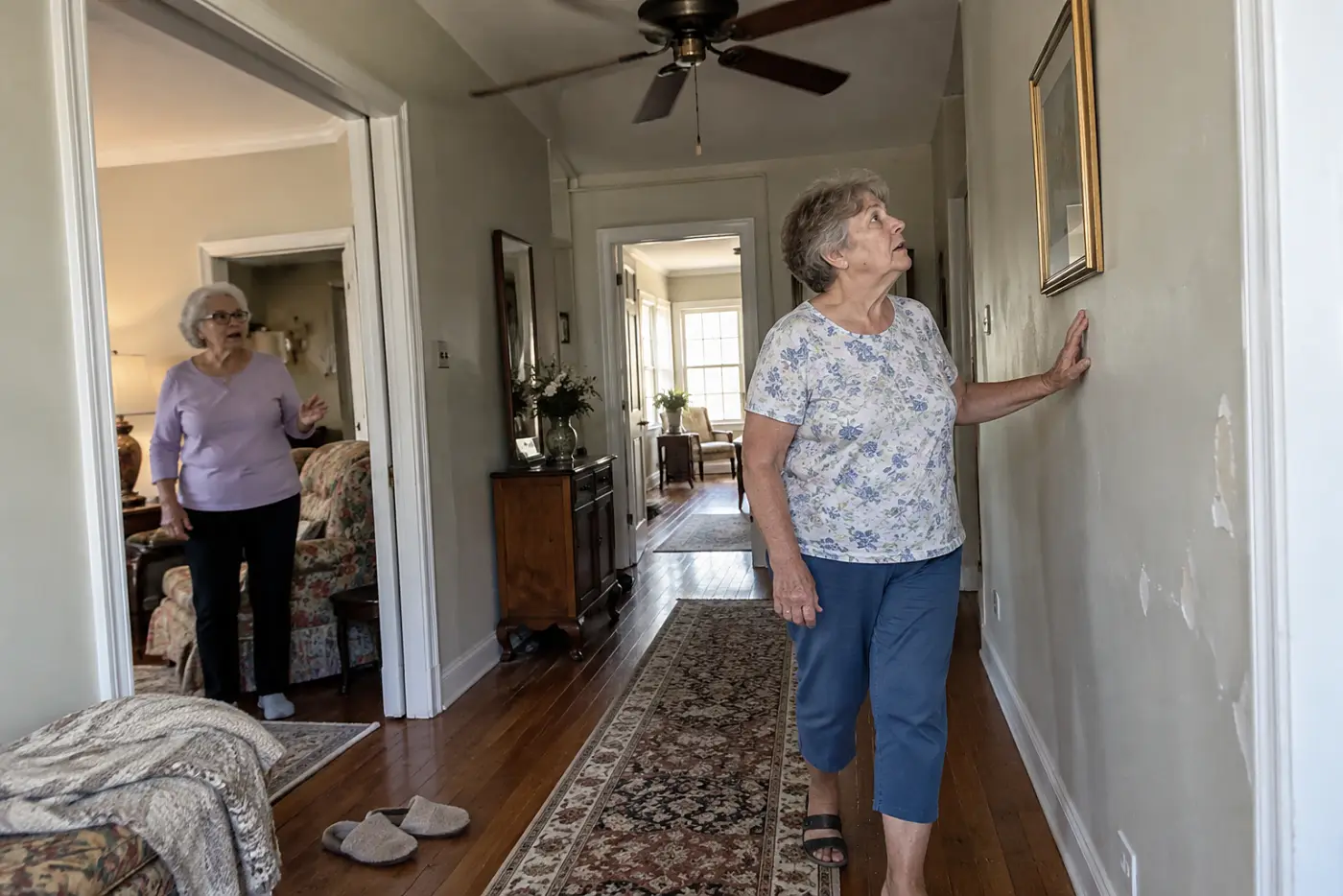An older woman pauses beneath a ceiling fan in her hallway, listening with one hand against the wall.