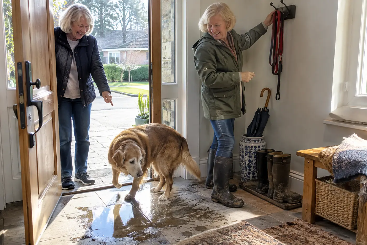 An older woman takes a leash from a hook beside her front door.