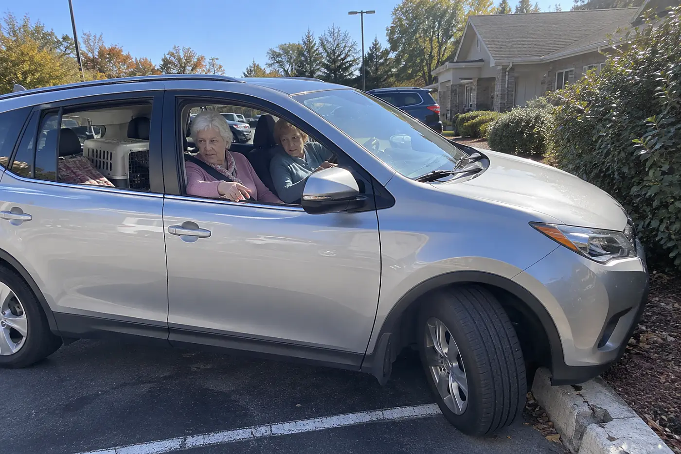 An older woman pulls her car into a parking space after passing a veterinary clinic.
