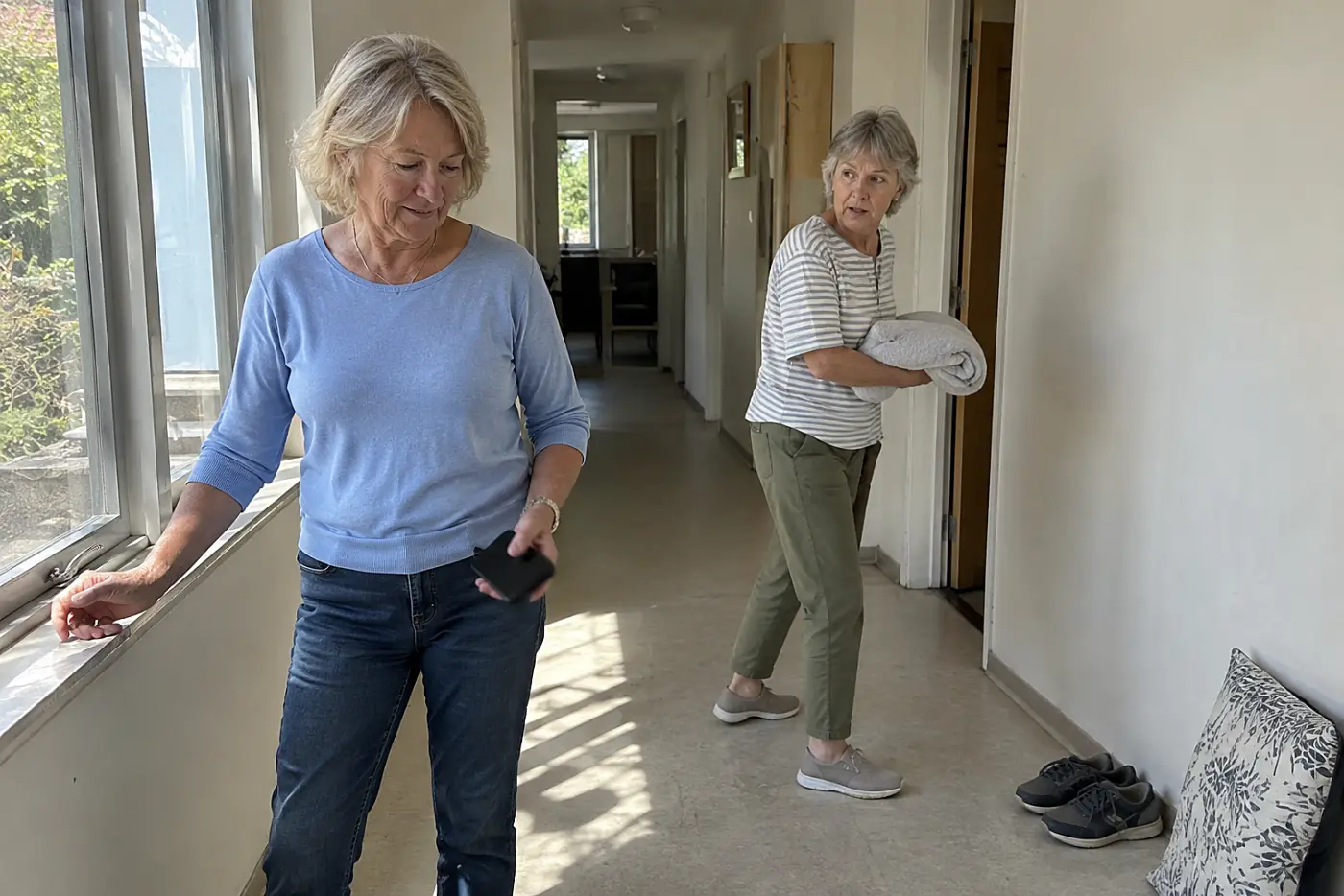 An older woman holds her phone near a hallway window after an appointment reminder appears.