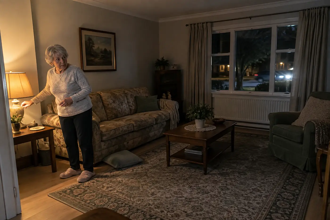 An older woman turns on a lamp in an empty living room at night.
