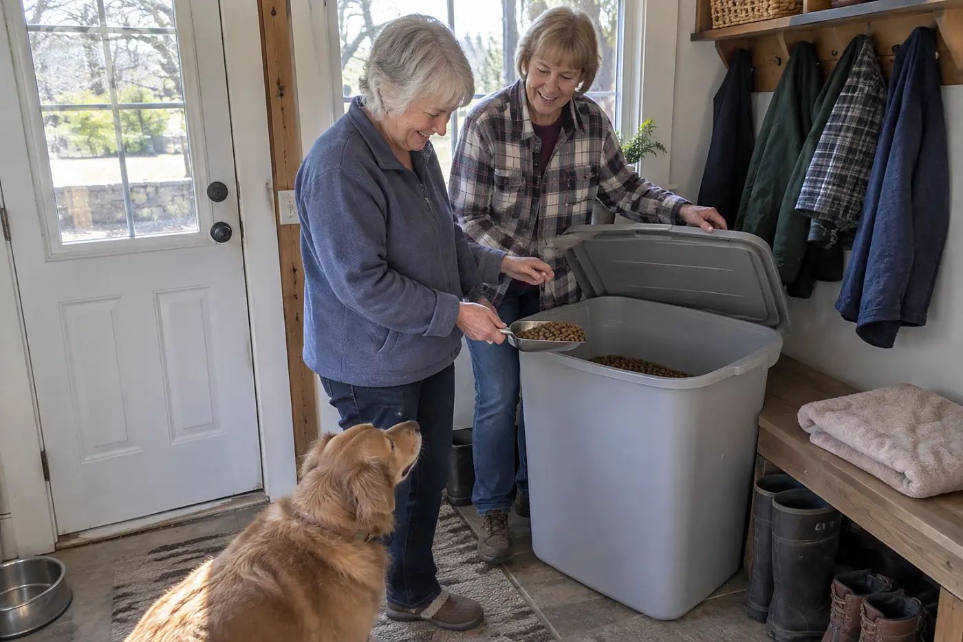 An older woman holds a worn food scoop over a storage bin in her mudroom.